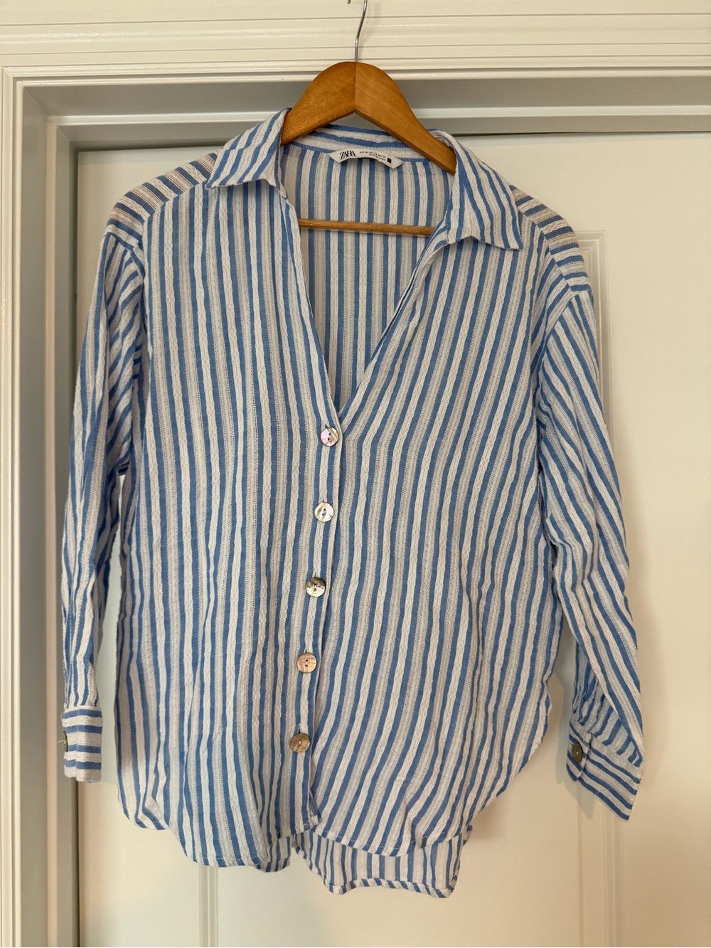 Zara Blue and White Vertical Stripe Casual Button-Down eyelet Shirt